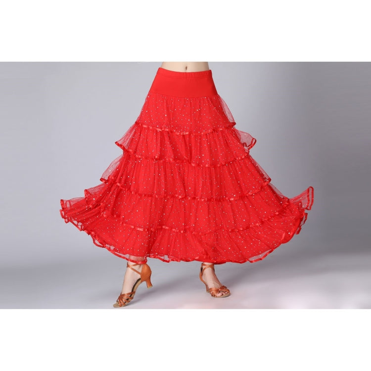 Red sequin swing dance long skirt with glitter dots and full tiered hem