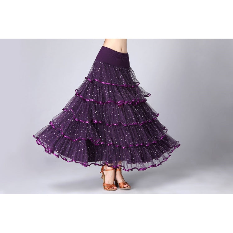 Purple sequin swing dance long skirt with tiered ruffles and glitter trim
