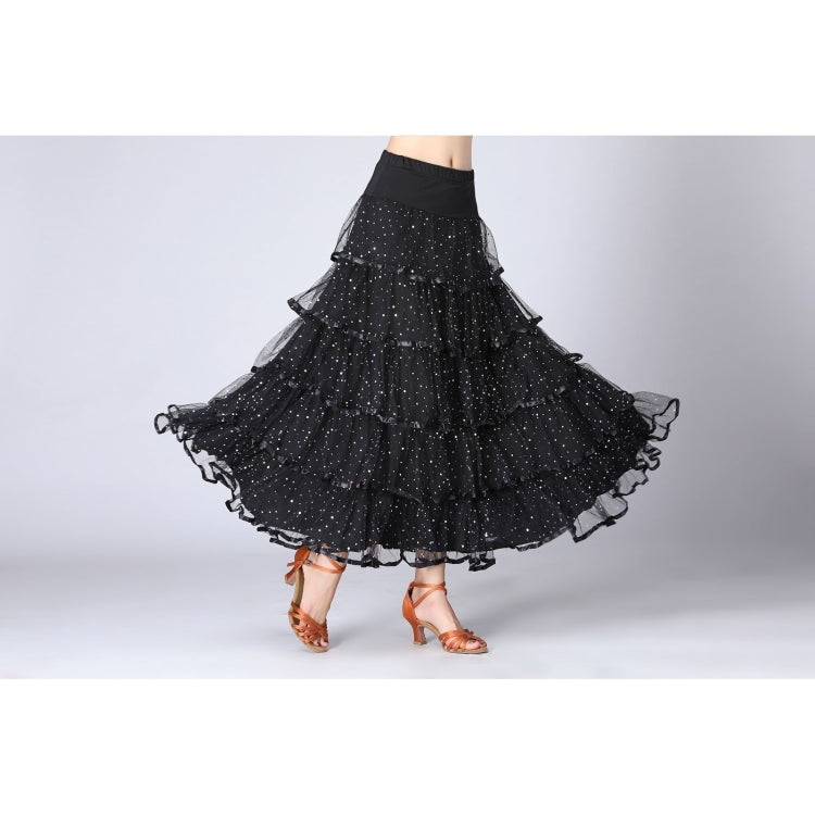 Black sequin swing dance long skirt with tiered ruffles and glitter dots