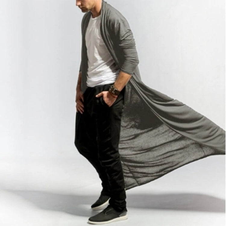 Men's long open-front cardigan coat, dark gray; drapes over jeans
