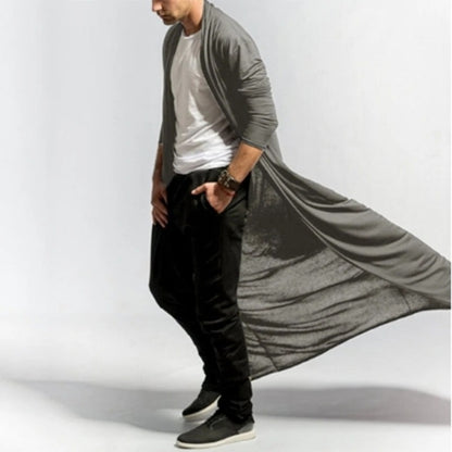 Men's long open-front cardigan coat, dark gray; drapes over jeans
