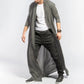 Men's long cardigan coat, dark gray, open front with wide drape