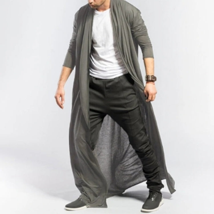 Men's long cardigan coat, dark gray, open front with wide drape