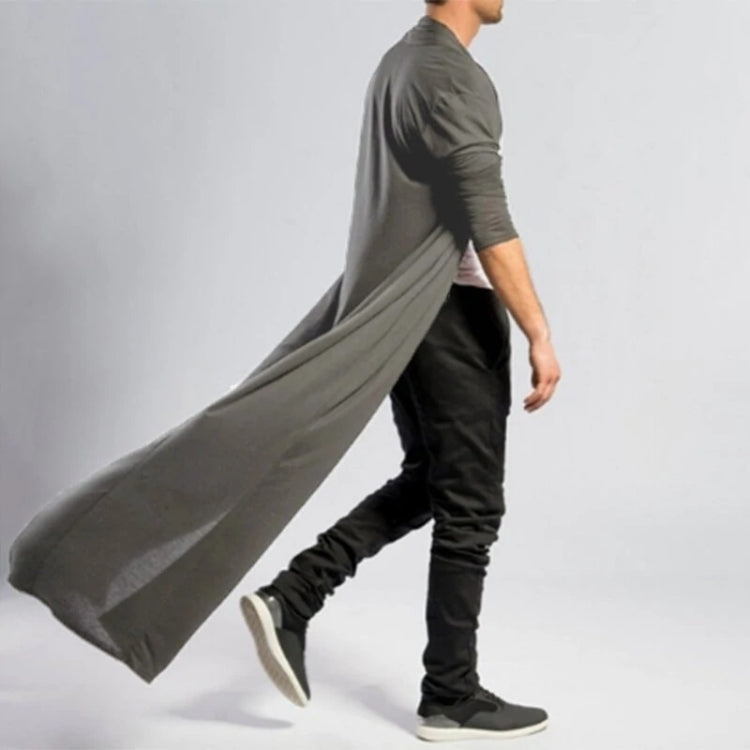 Men's long cardigan coat, dark gray, flowing hem and three-quarter sleeves