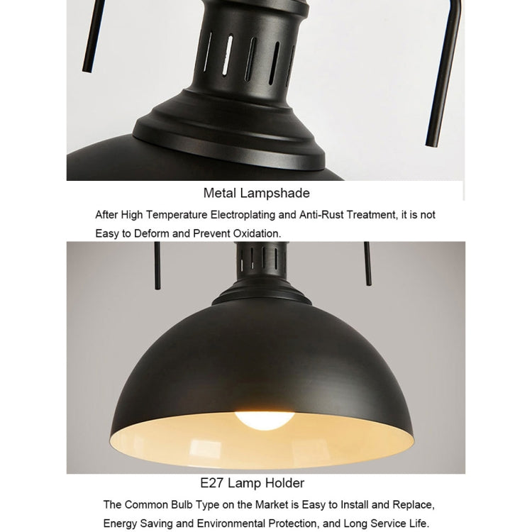 Black metal lamp shade with vented top and E27 lamp holder detail