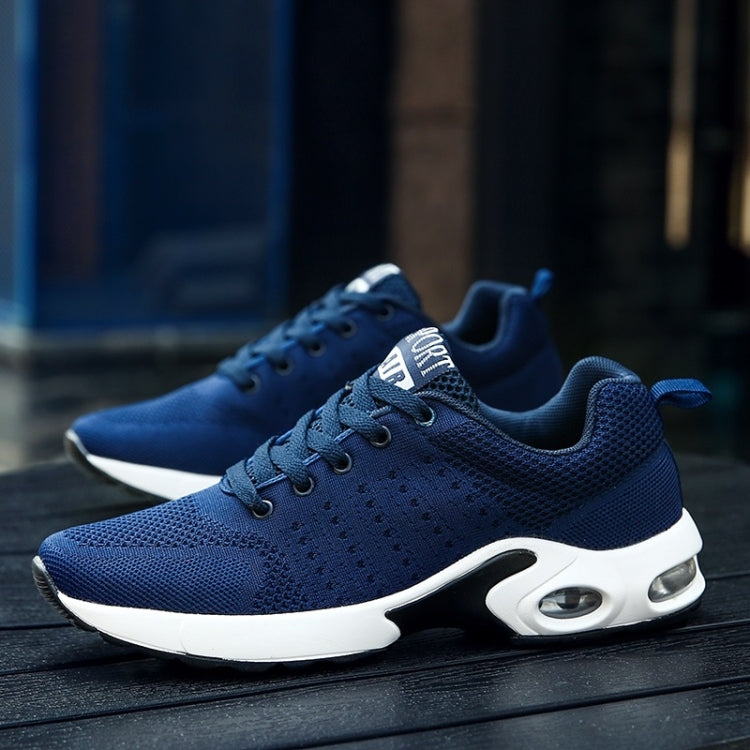 Men's blue mesh lace-up running shoes with white sole and visible air cushioning