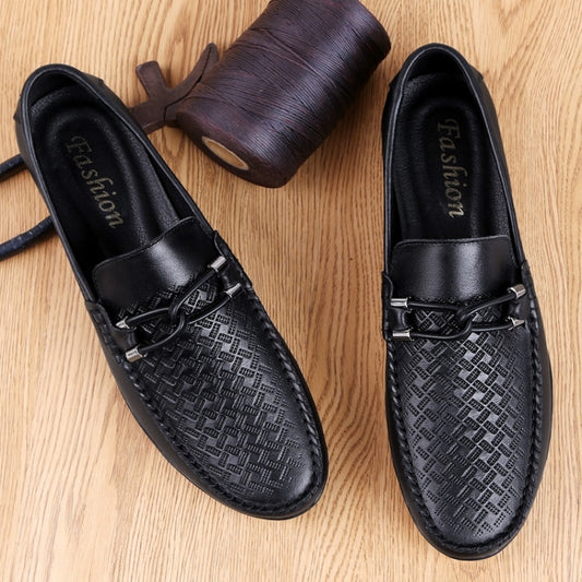 Men's black round-toe leather loafers with embossed textured panels and lace-up detail