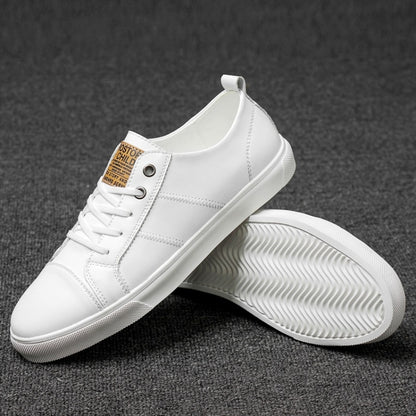 Men's white lace-up casual sneakers with leather-look upper and stitched side panels