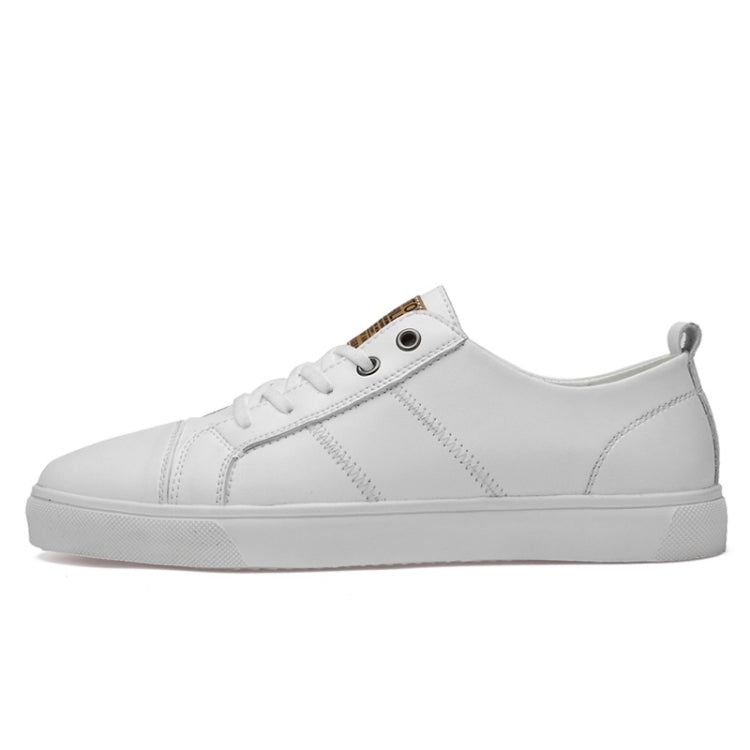 Men's white lace-up sneakers side view with smooth leather-look panels