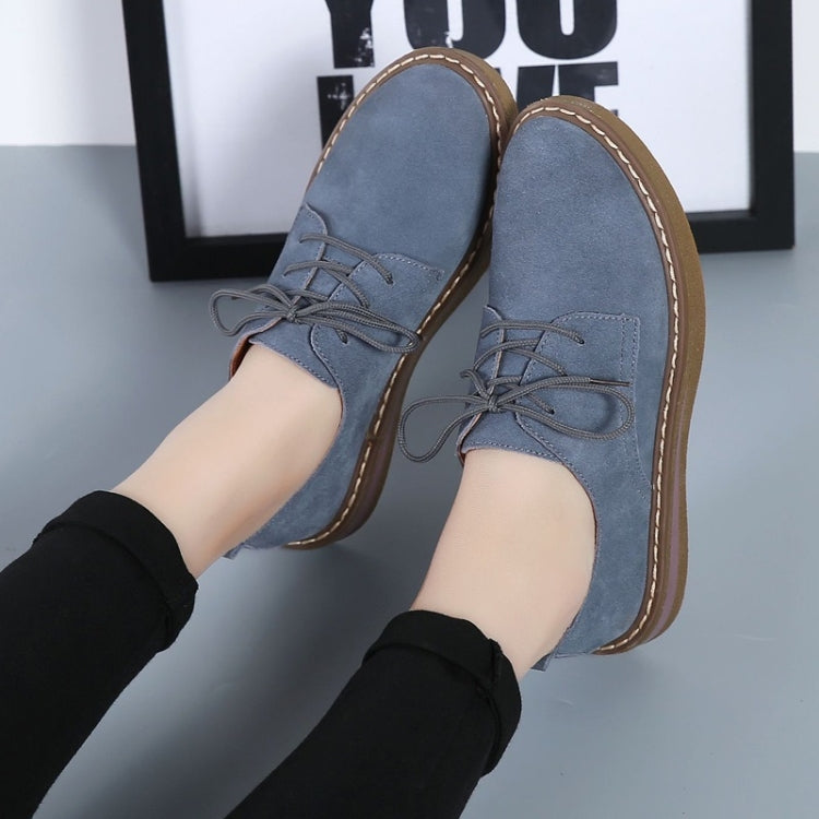 Women's blue suede lace-up casual shoes with flat rubber sole