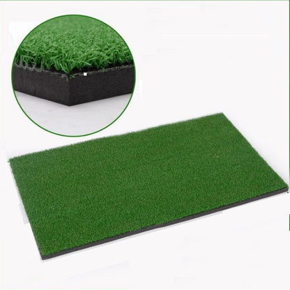Indoor golf practice swing mat with green turf surface and black base, 30 x 60 cm