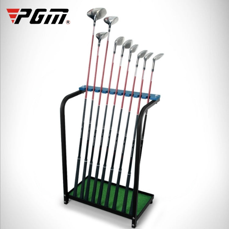 9-hole golf club display rack with black frame, green base, and red/white club slots