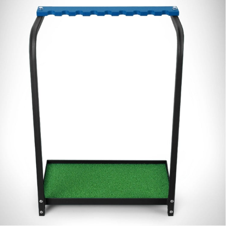 Golf club display rack with black U-frame and green turf mat base