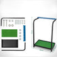 Golf club rack parts and dimensions: black frame, green mat, blue hardware