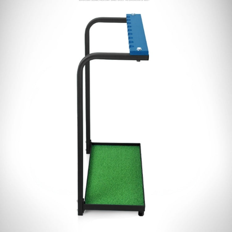 Golf club display rack with black frame and green turf platform