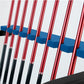 Golf club rack holding red and black-shaft clubs in blue holders