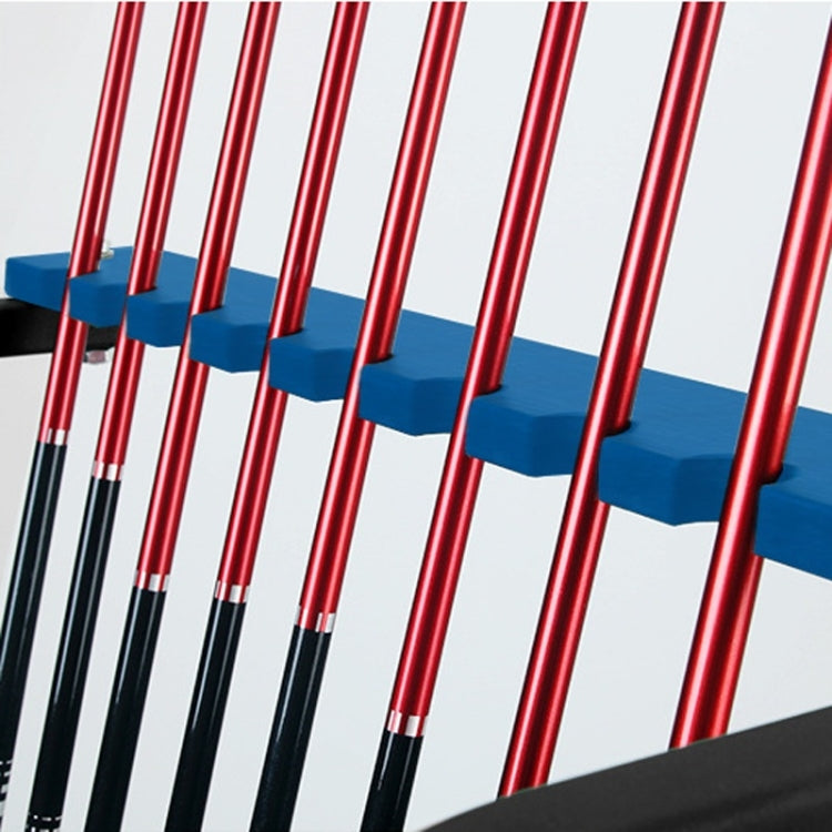 Golf club rack holding red and black-shaft clubs in blue holders