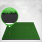 Indoor golf practice mat with bright green artificial turf and black base edges