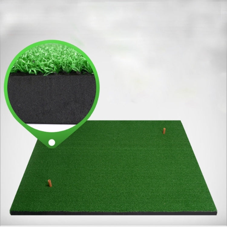 Indoor golf practice mat with bright green artificial turf and black base edges