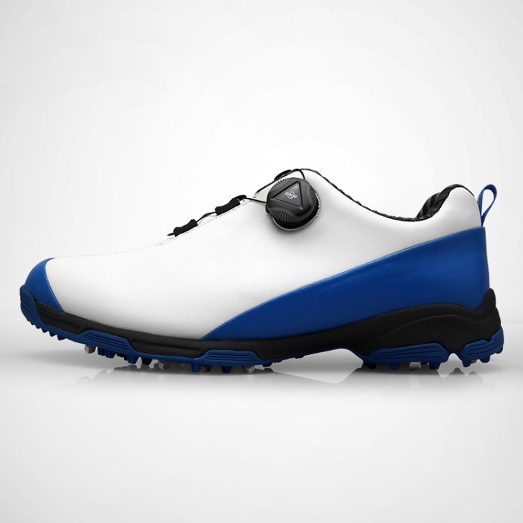 Men's waterproof golf sneakers, white and blue with black outsole studs for traction