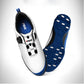 Waterproof golf shoe pair, white uppers with black straps and blue studded outsole