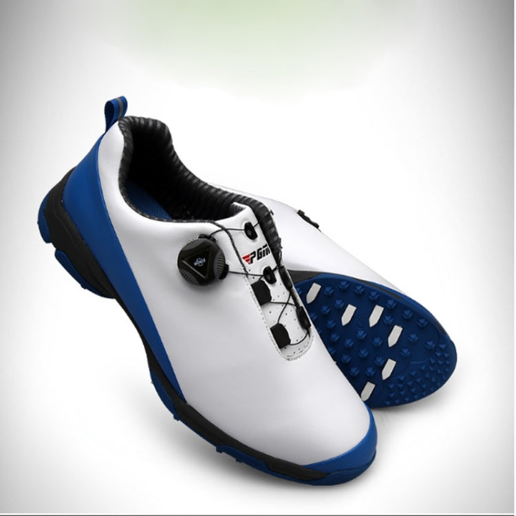 Men's waterproof golf sneakers, white upper with blue side panels and blue stud outsole