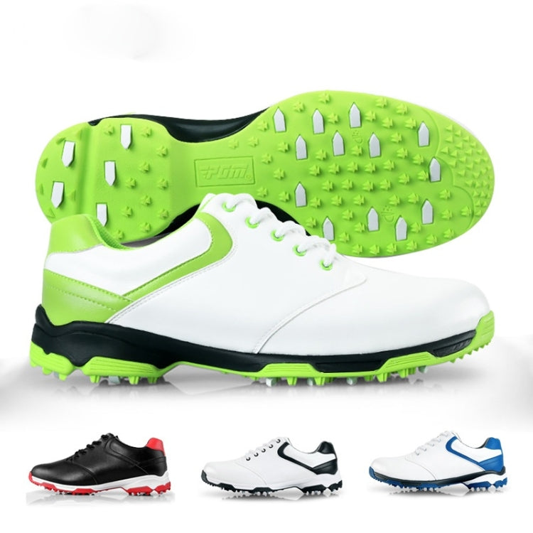 White golf sneaker with neon green cleat outsole and lace-up front