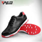 Men's black golf sneakers with red studded outsole and white midsole