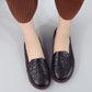 Women's black embroidered slip-on shoes with floral pattern, rounded toe