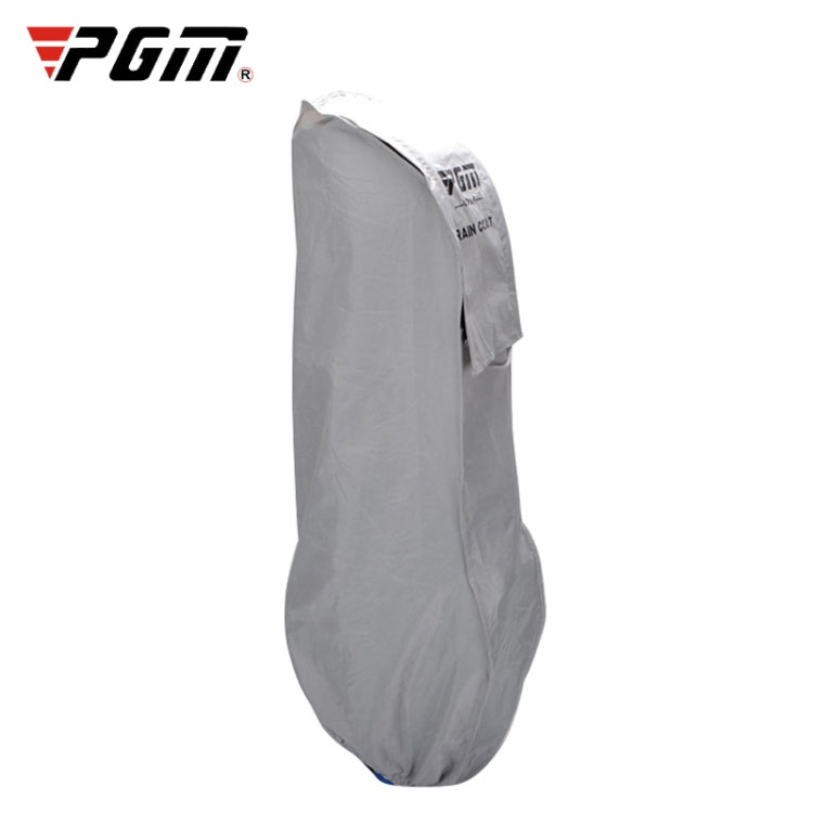 Grey golf bag rain cover with elastic drawstring hem, full bag coverage, logo panel visible