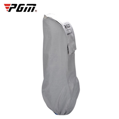 Grey golf bag rain cover with elastic drawstring hem, full bag coverage, logo panel visible