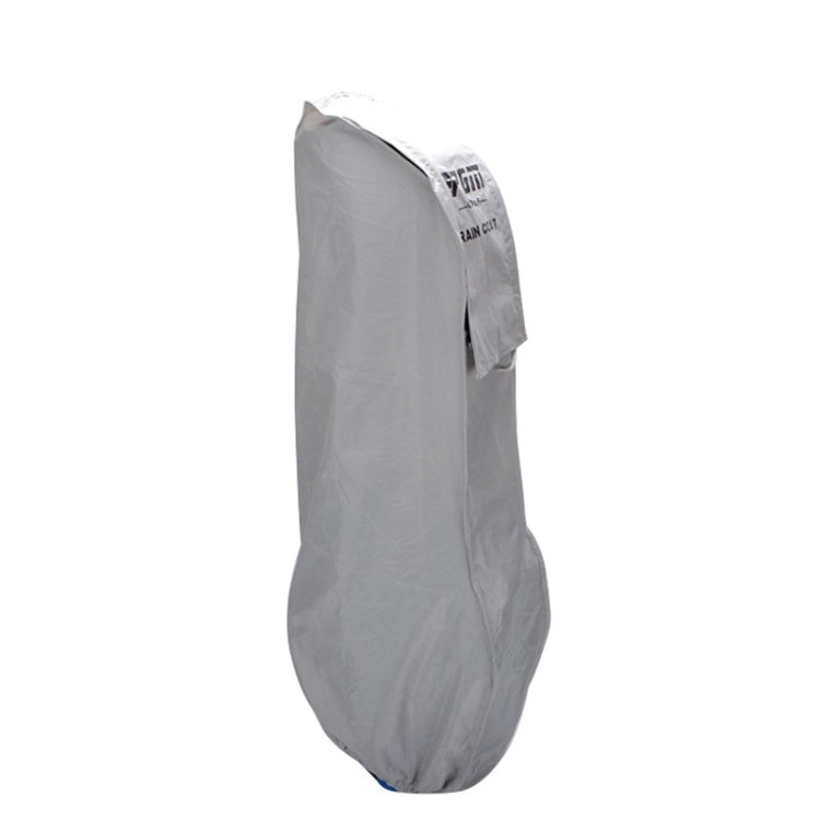 Grey golf bag rain cover with side flap and logo panel, protective full bag cover