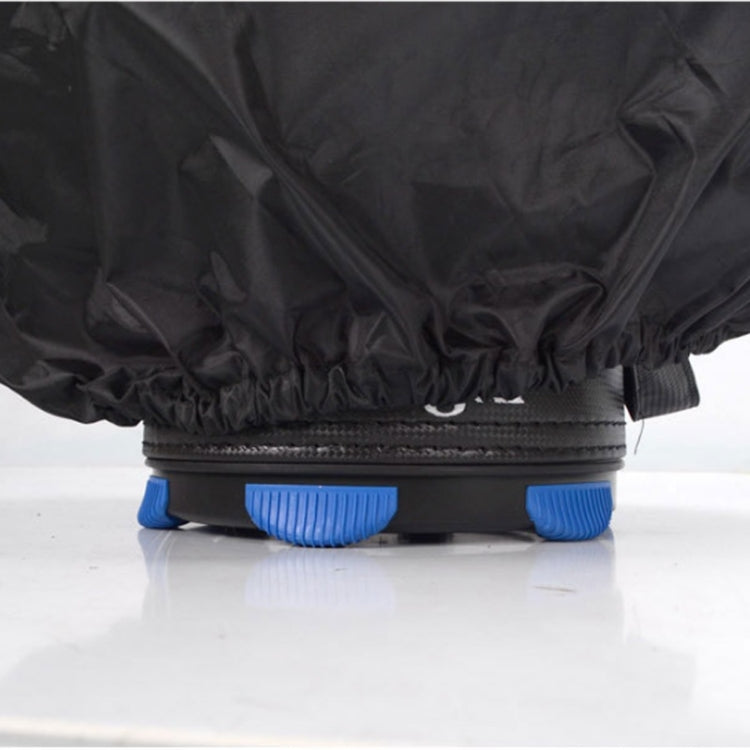 Black golf bag rain cover bottom with blue support feet, close-up