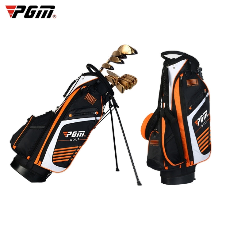 Black golf stand bag with white panels and orange accents, shown with clubs holder.