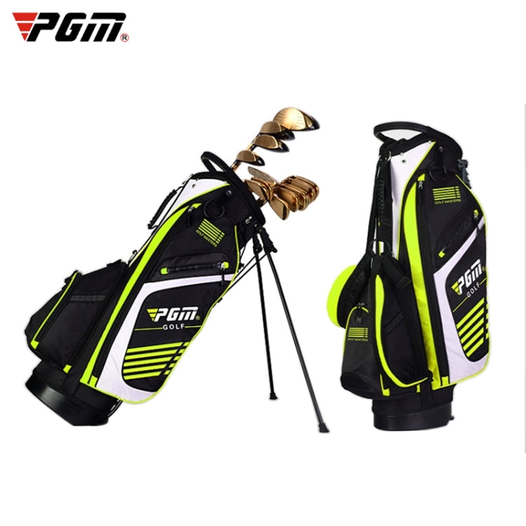 Lightweight nylon golf bag with stand, black with neon green accents, top handle and leg feet