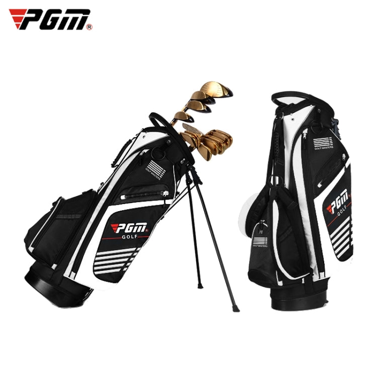 Golf stand bag with black body, white panels, and gold club holder stands.