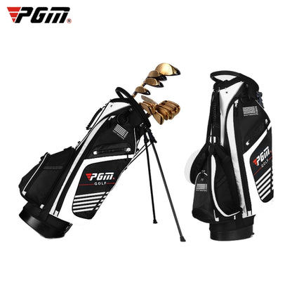 Golf stand bag with black body, white panels, and gold club holder stands.
