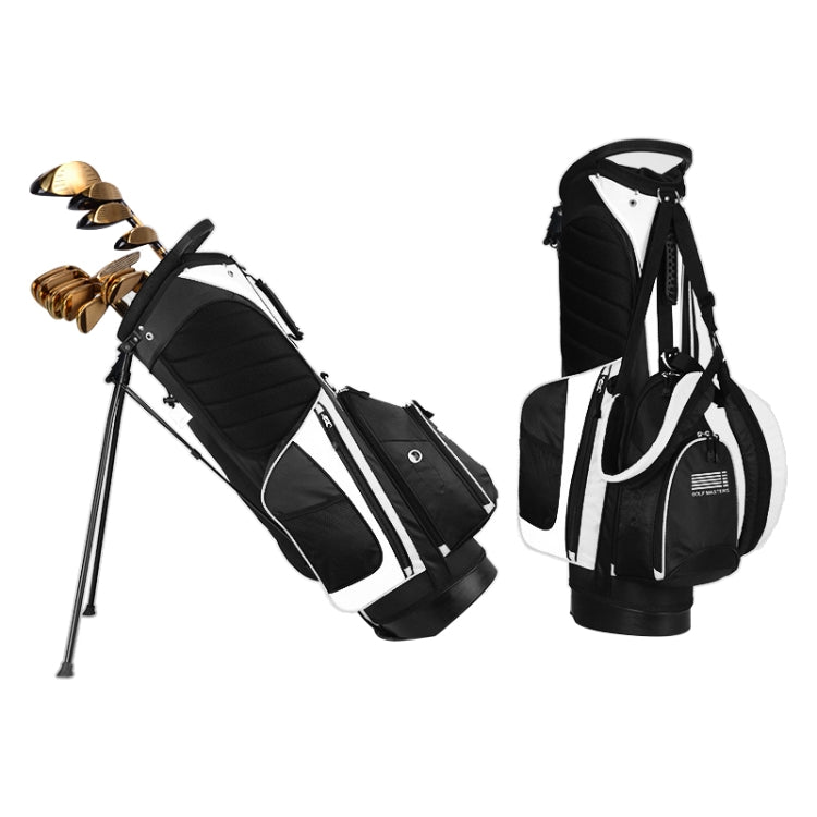 Black golf stand bag with white side panels and club pockets, front view.