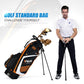 Black and white golf stand bag with orange accents and dual legs.