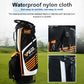 Black golf bag fabric with waterproof nylon look, white panel, orange trim.