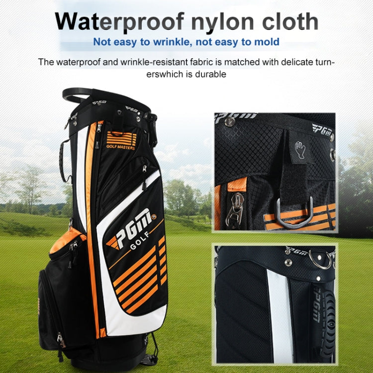 Black golf bag fabric with waterproof nylon look, white panel, orange trim.
