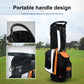 Black golf stand bag with carry handle and orange detail on white side panel.