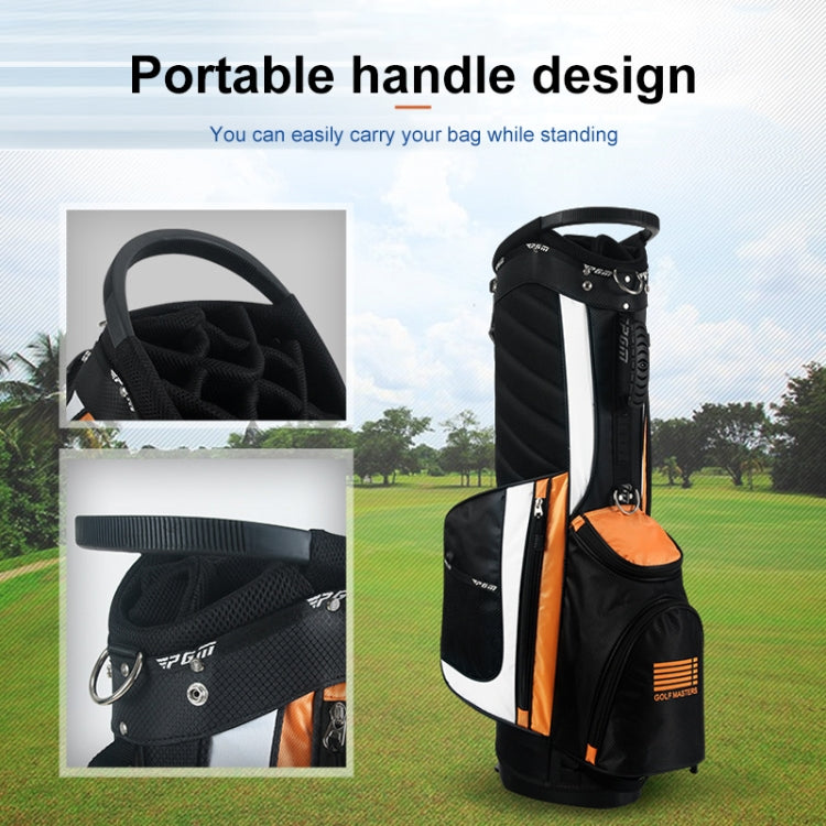 Black golf stand bag with carry handle and orange detail on white side panel.