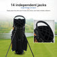 Black golf stand bag with wide handle and many club slots at top.