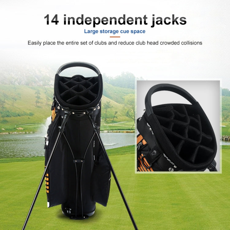 Black golf stand bag with wide handle and many club slots at top.