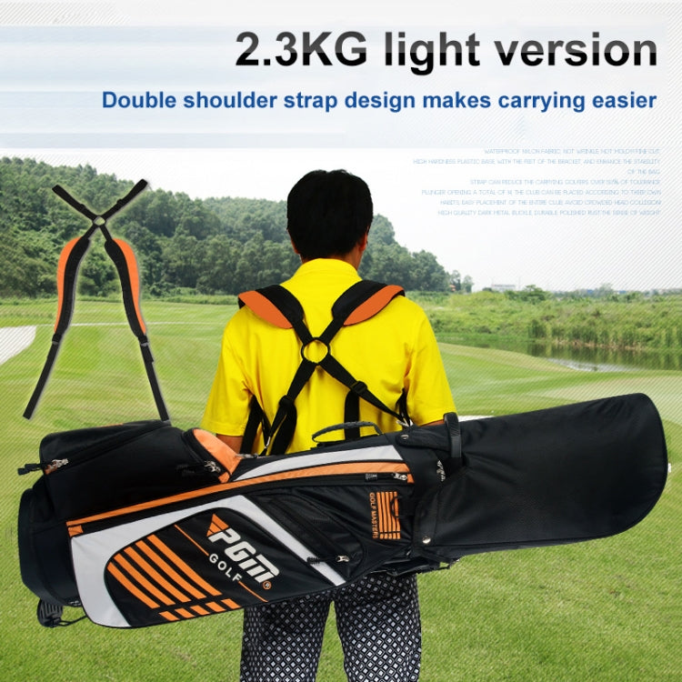 Black and orange golf bag carried with shoulder straps, with club sleeves on top.