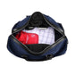 Blue nylon clothing duffel bag with open zipper showing interior pockets