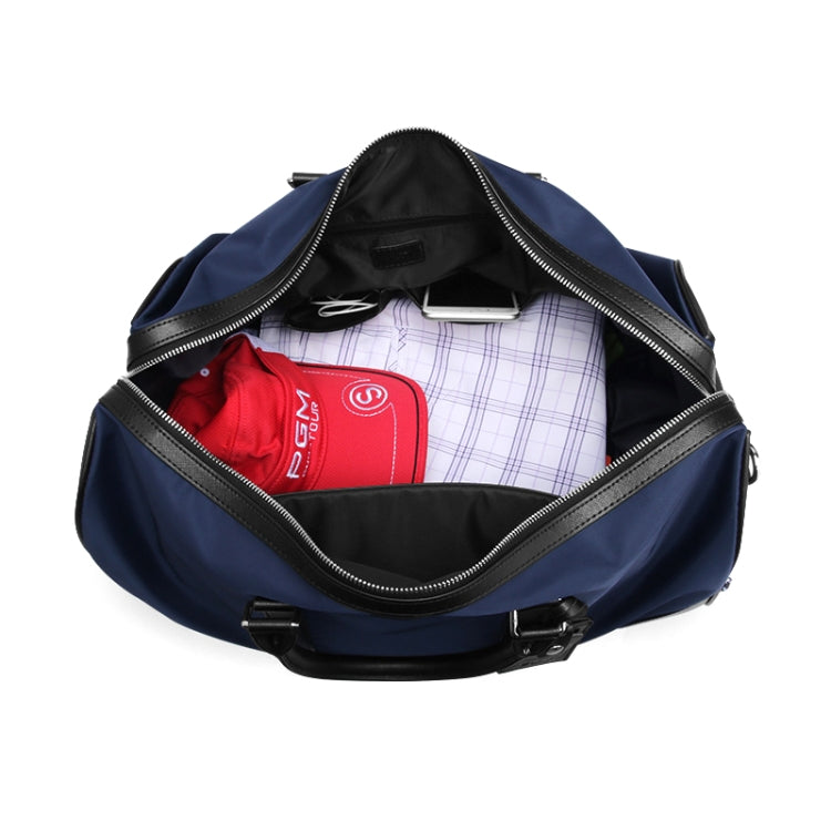 Blue nylon clothing duffel bag with open zipper showing interior pockets