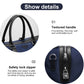 Blue nylon duffel bag close-up of textured handle and safety-lock zipper