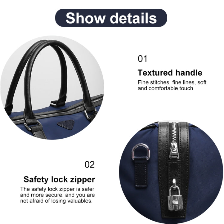 Blue nylon duffel bag close-up of textured handle and safety-lock zipper